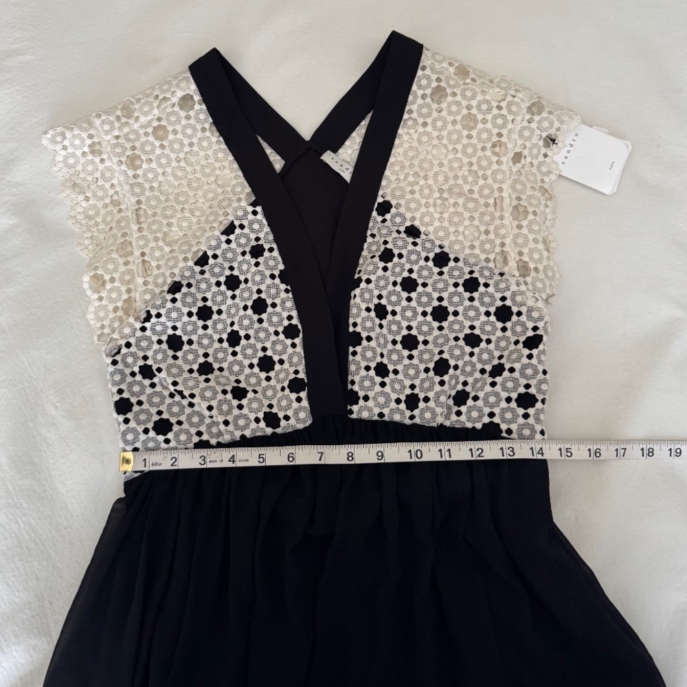 Sandro Black Plunging Neckline Lace Inset Midi
Dress Black/White Size 38 US 6 - Picture 12 of 16